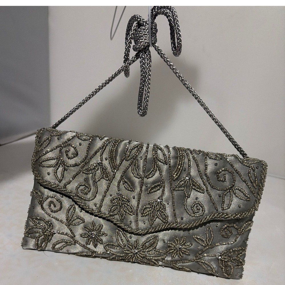 Apt 9 Silver Beaded Satin Evening Clutch Bag Floral Embroidered Formal Handbag